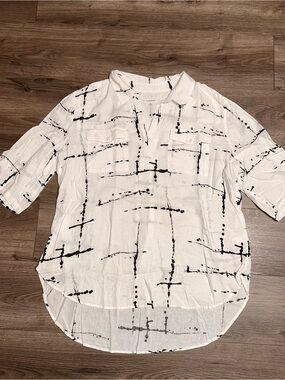 Linen Blend Button-Down Shirt with Black Abstract Print Short Sleeve Shirt